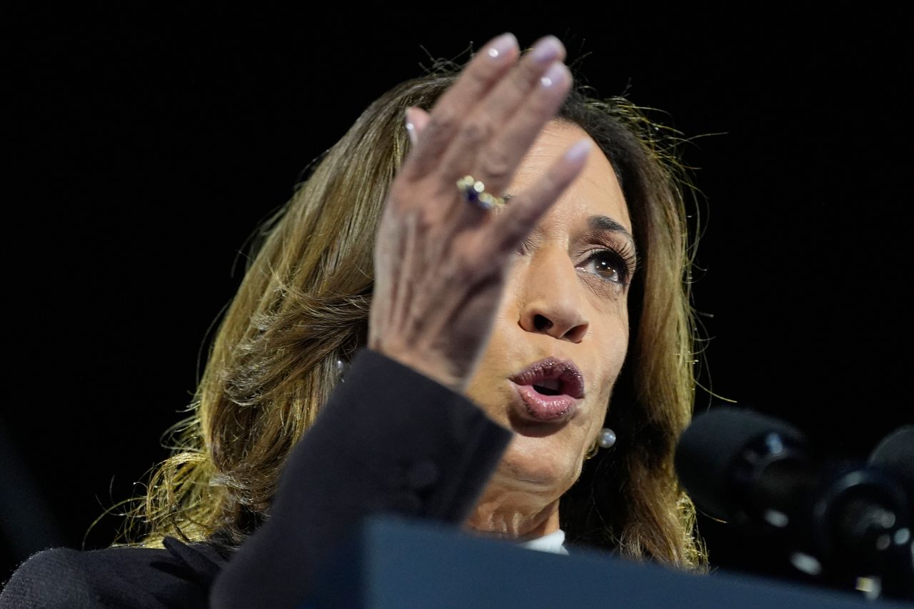 Democratic presidential nominee Vice President Kamala Harris speaks during a campaign event at the Ellipse.