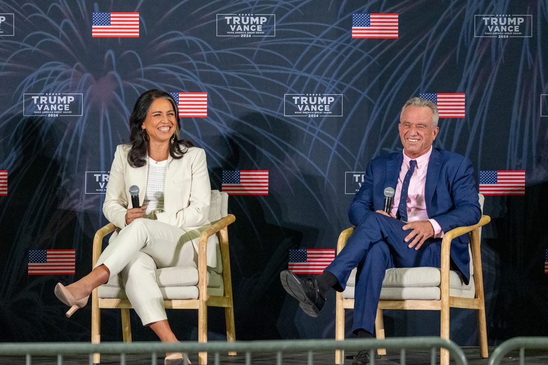 Robert F. Kennedy Jr. and Former U.S. Representative Tulsi Gabbard speak during an event in Madison, Wisconsin on October 30, 2024.