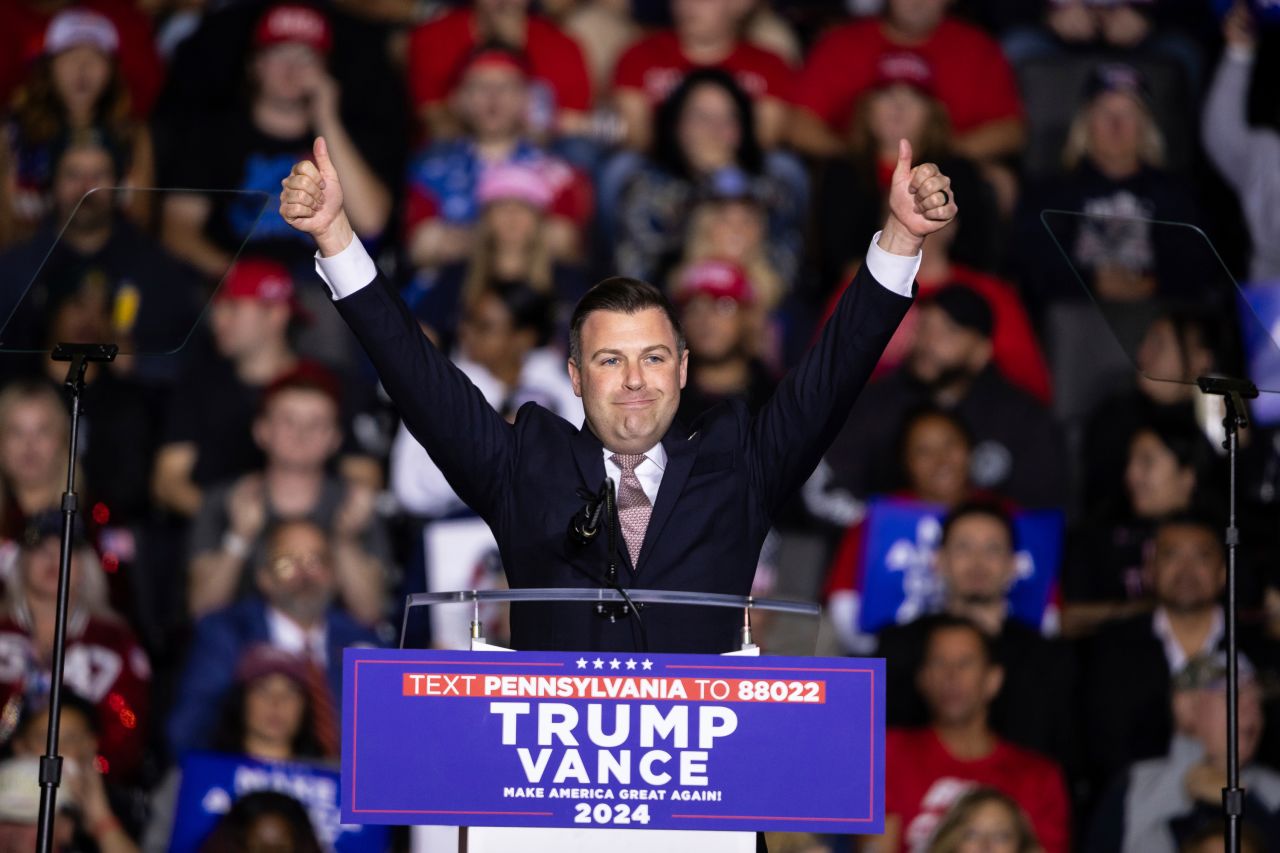 Republican state Rep. Ryan Mackenzie delivers remarks at a campaign rally for Donald Trump in Allentown, Pennsylvania, on October 29.