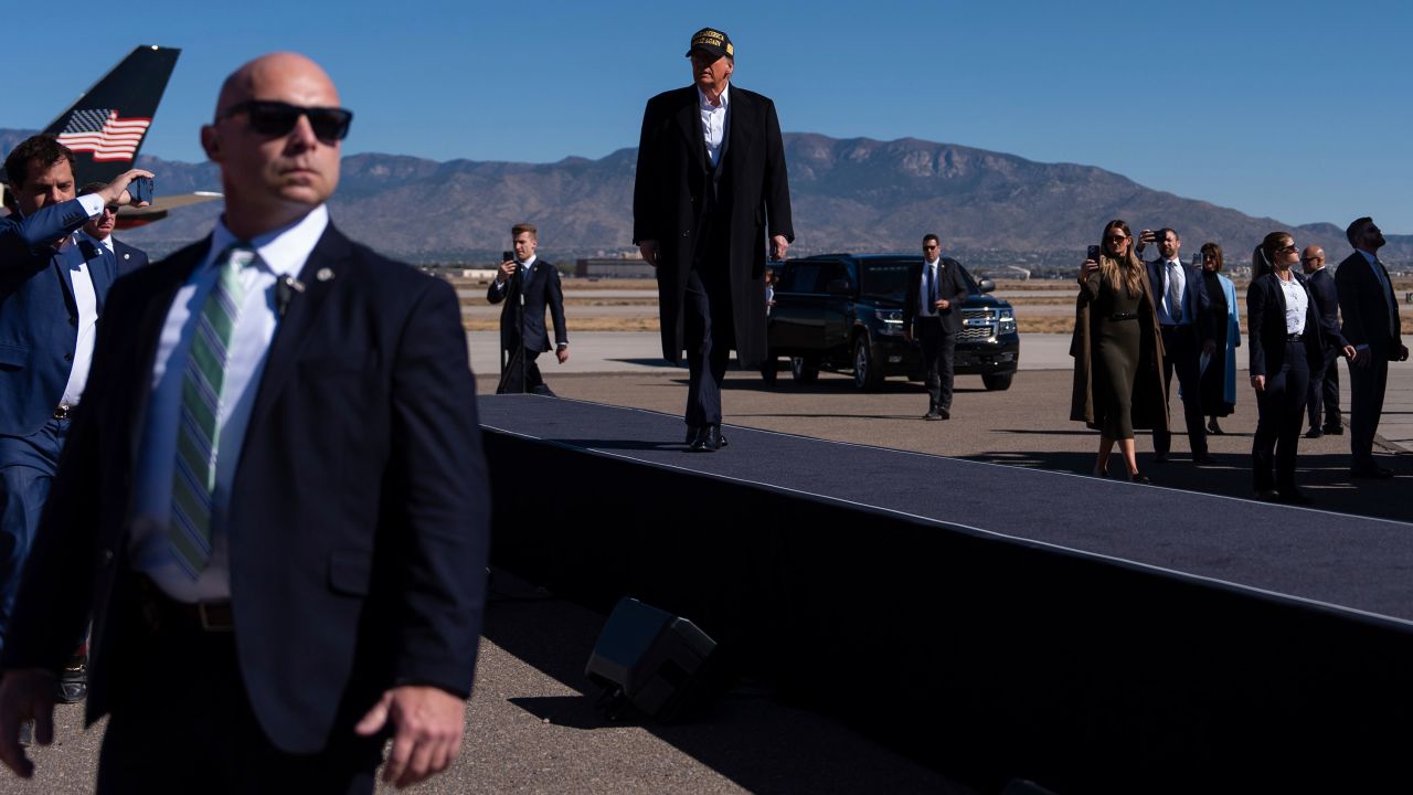 Republican presidential nominee former President Donald Trump arrives to a campaign rally at Albuquerque International Sunport, Thursday, Oct. 31, 2024, in Albuquerque, N.M. (AP Photo/Julia Demaree Nikhinson)