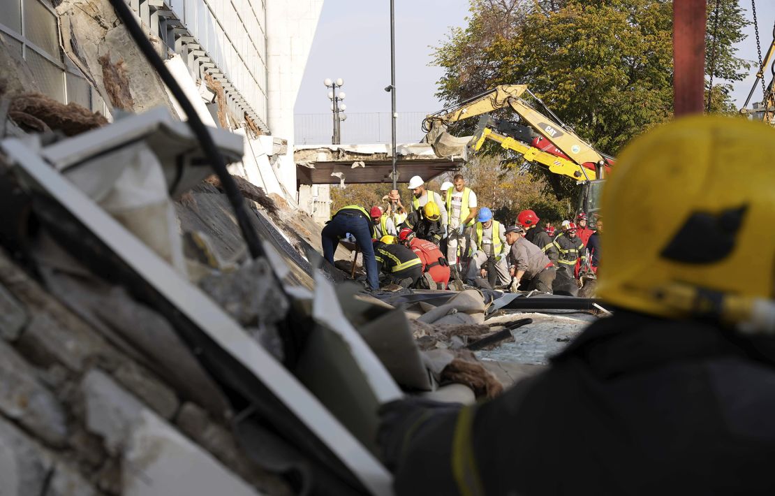 Rescuers at the scene of the train station tragedy on Nov. 1, 2024, in Novi Sad, Serbia.