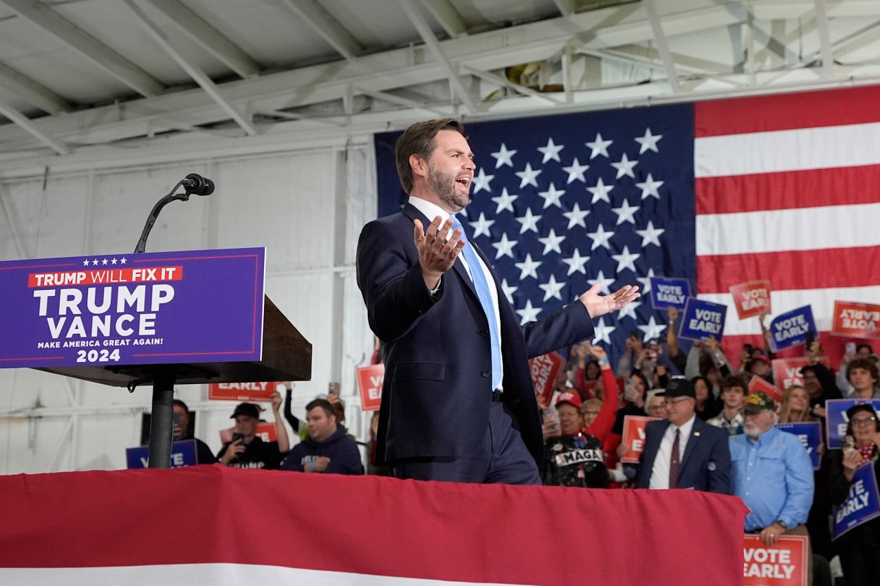 Republican vice presidential nominee Sen. JD Vance speaks at a campaign rally in Portage, Michigan, on November 1, 2024.