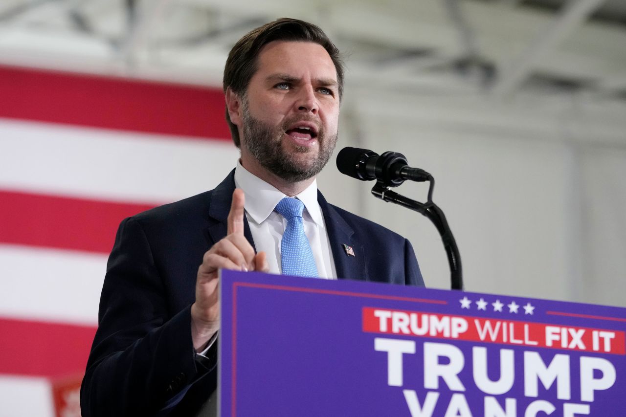 Republican vice presidential candidate JD Vance speaks at a campaign rally in Portage, Michigan, on Friday.