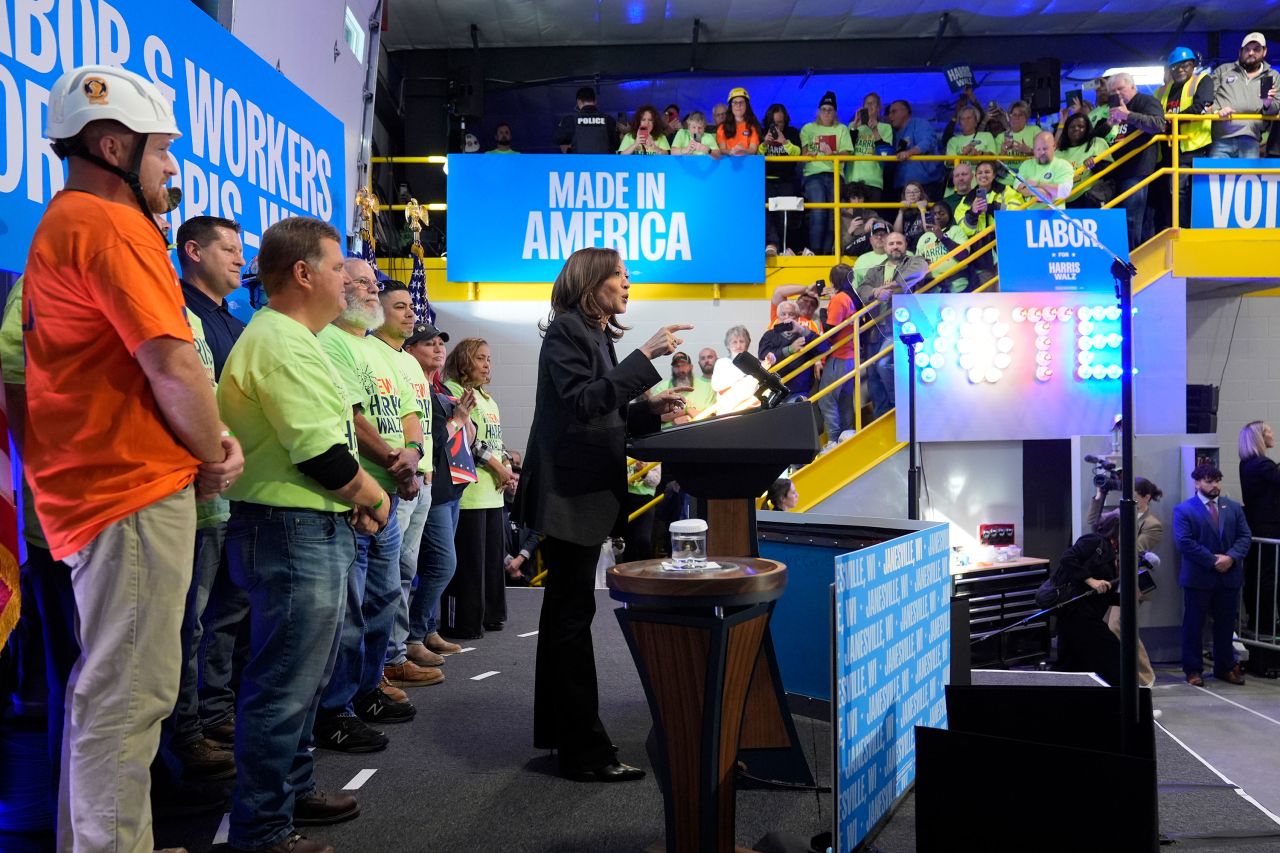 Vice President Kamala Harris speaks at a campaign event in Janesville, Wisconsin on Friday.