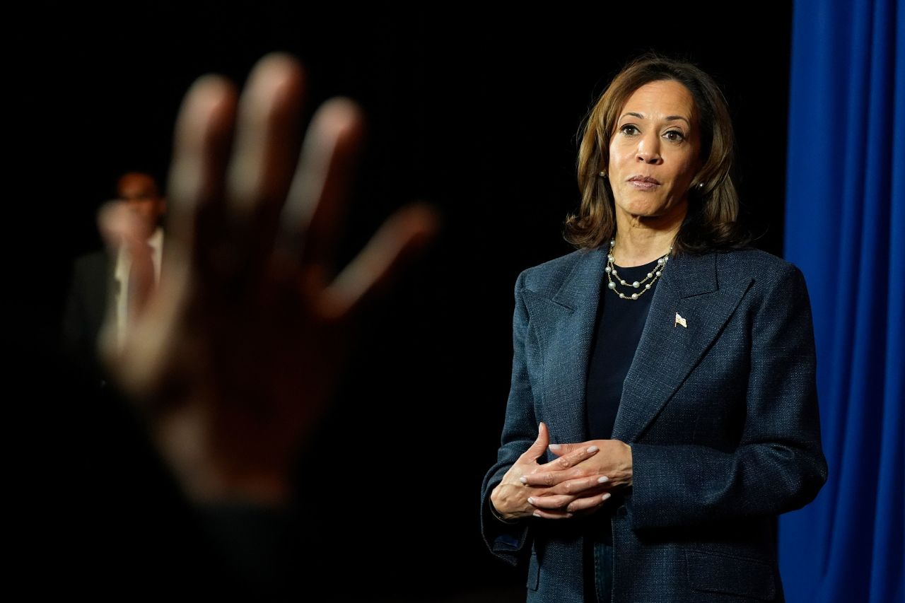 Vice President Kamala Harris speaks to reporters in Detroit on Sunday.