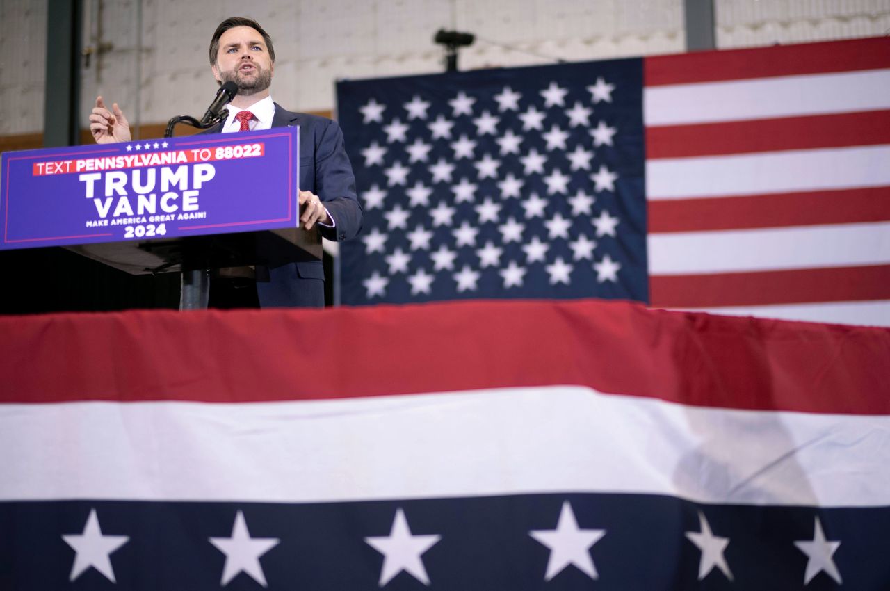 Republican vice presidential nominee JD Vance speaks during a campaign stop in Delaware County, Pennsylvania, on Sunday.