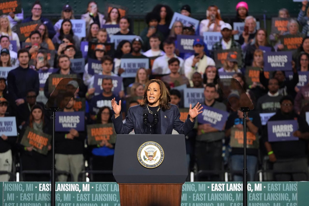 Vice President Kamala Harris speaks during a campaign rally in East Lansing, Michigan, on Sunday.