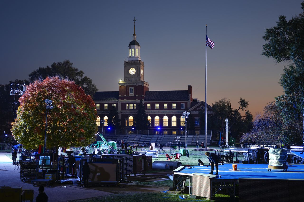 With Founders Library in the background, work continues on the Howard University in Washington campus in preparation for the election night venue for Democratic presidential nominee Vice President Kamala Harris, on Sunday, November 3.