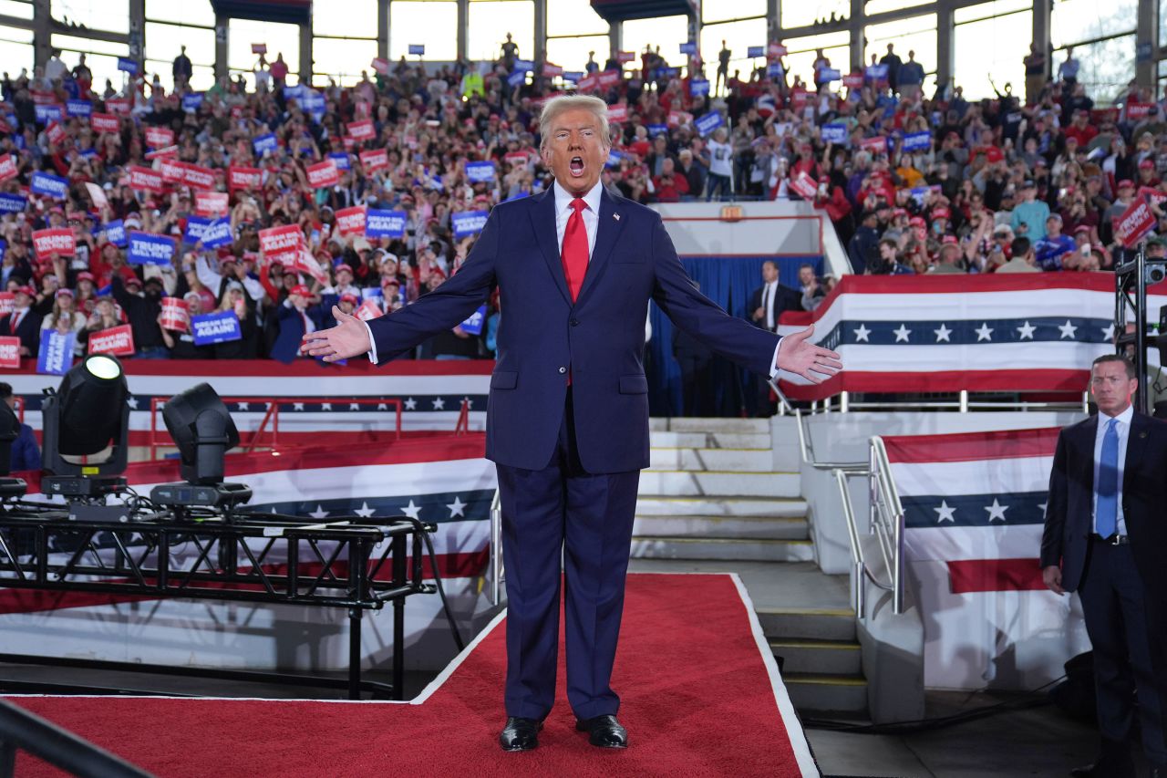 Former President Donald Trump arrives to speak at a rally in Raleigh, North Carolina, on Monday.