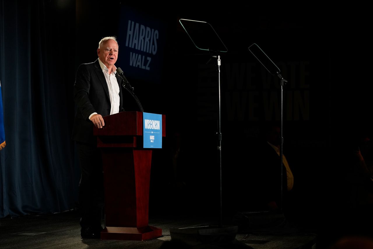 Minnesota Gov. Tim Walz speaks at a campaign stop in LaCrosse, Wisconsin, on Monday.