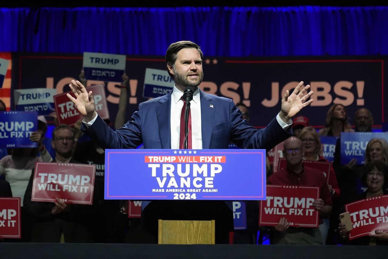 Sen. JD Vance speaks at a campaign rally in Flint, Michigan, on Monday.