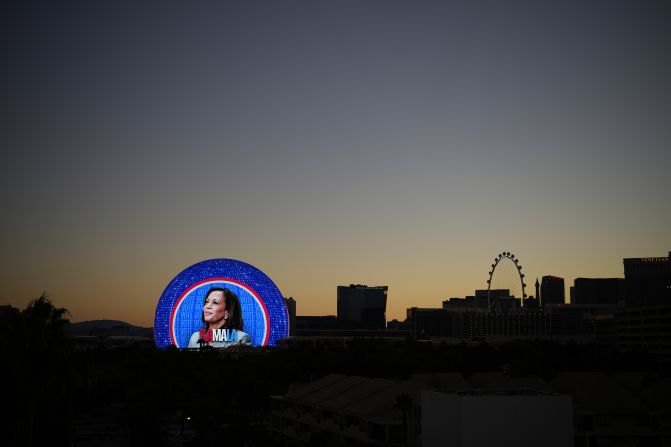 An advertisement for Harris is displayed on the Sphere in Las Vegas on November 4.