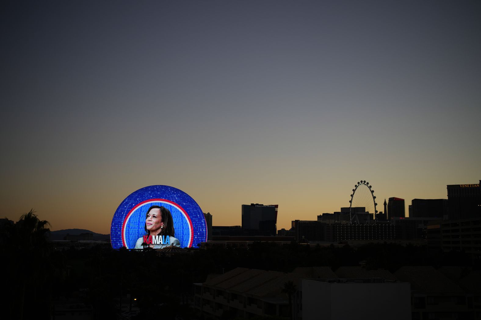 An advertisement for Harris is displayed on the Sphere in Las Vegas on November 4.