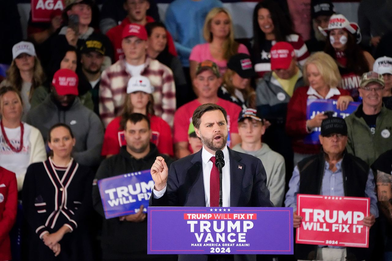  Sen. JD Vance speaks during a campaign rally on Monday, November 4, in Newtown, Pennsylvania.