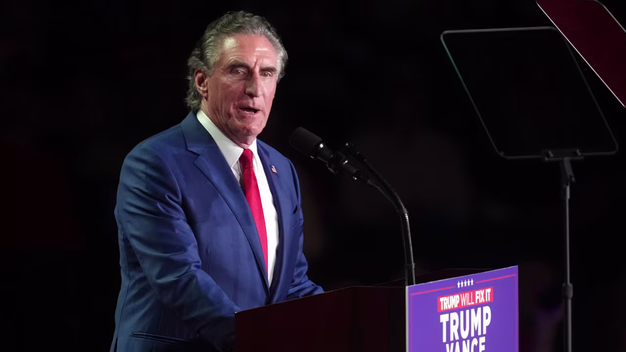 North Dakota Gov. Doug Burgum speak at a campaign rally on November 4, in Grand Rapids, Michigan.
