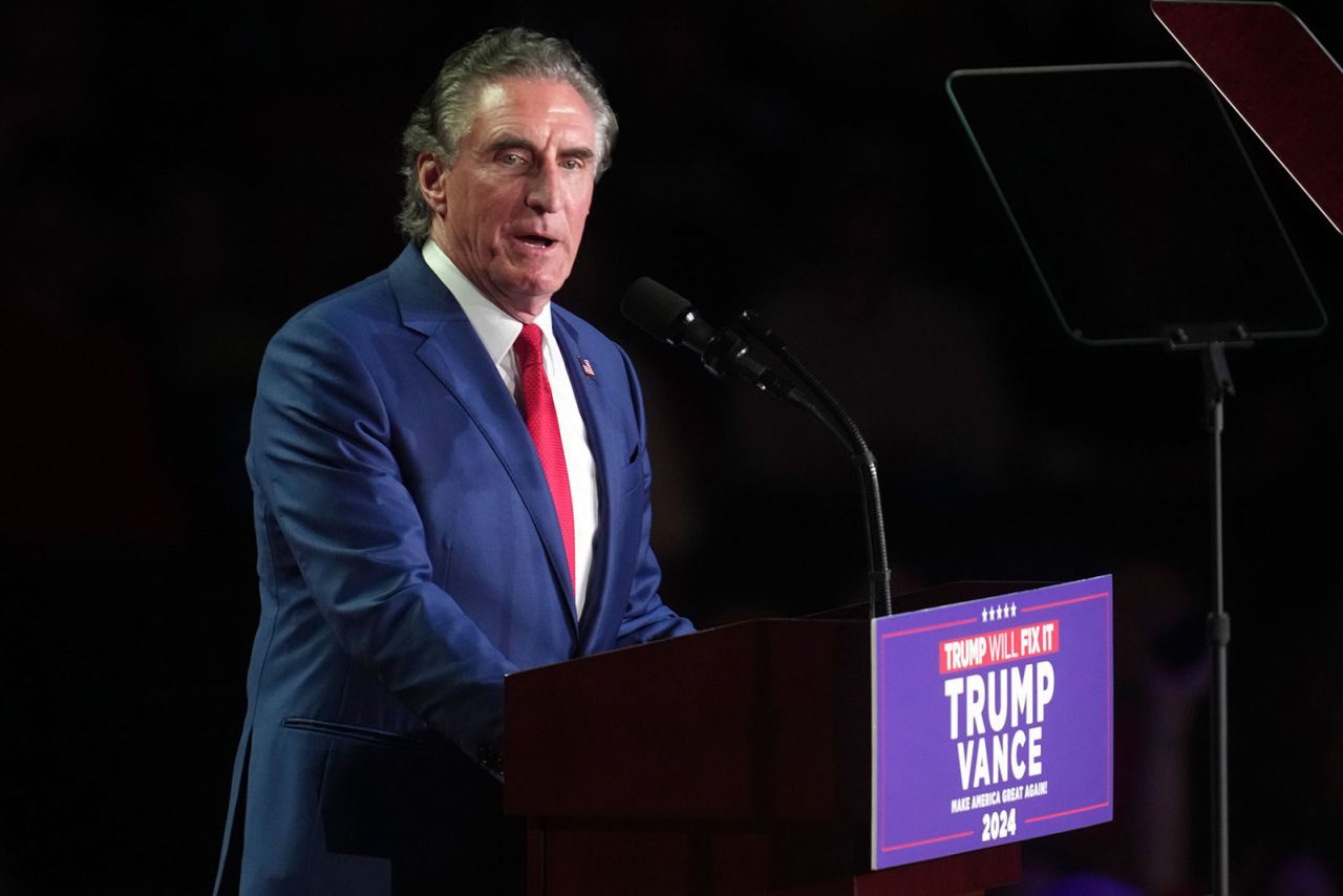 North Dakota Gov. Doug Burgum speak at a campaign rally on November 4, in Grand Rapids, Michigan.