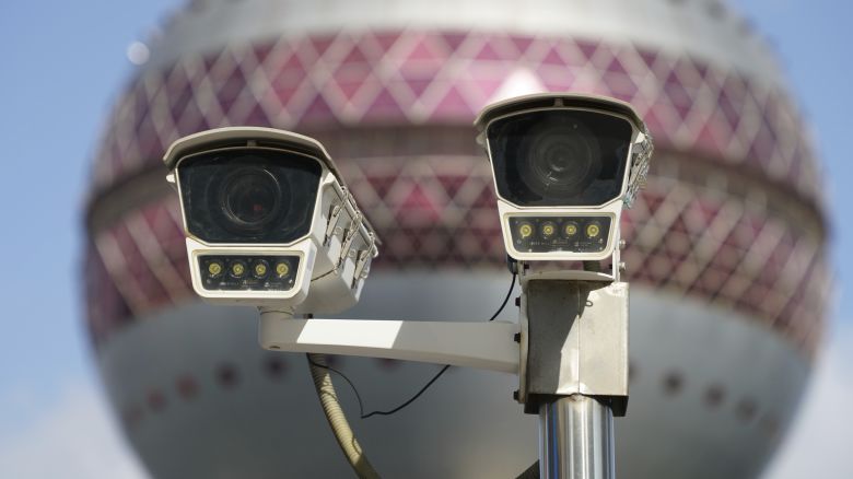 Surveillance cameras are seen on a post near the Oriental Pearl Tower in Shanghai, China, on November 5, 2024.
