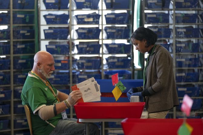 Election workers process mail-in ballots in West Chester, Pennsylvania, on Tuesday.