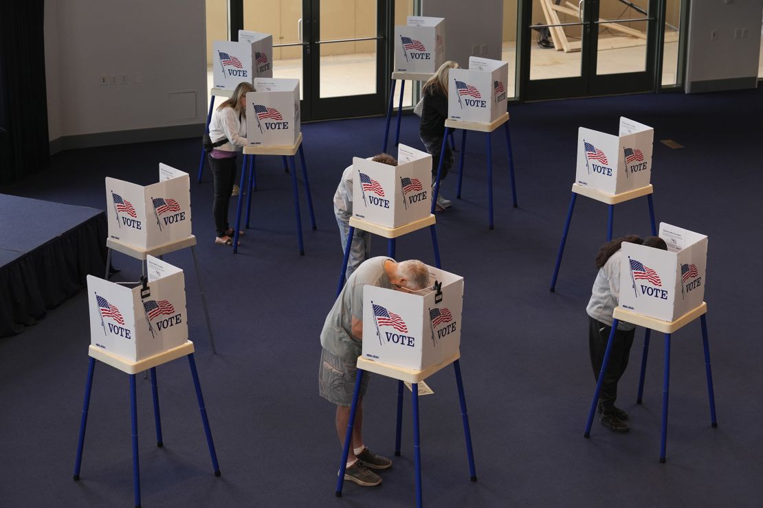 Voters work on their ballots at a polling place at the Ronald Reagan Presidential Library on Election Day, November 5, 2024, in Simi Valley, California.