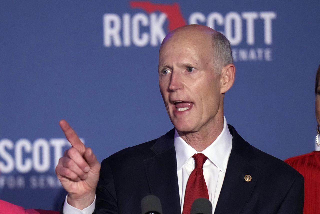 Sen. Rick Scott, R-Fla., speaks at a campaign watch party on election night on November 5 in Bonita Springs, Fla.