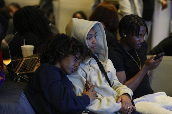 North Carolina A&T students Leah Charles, left, and Tianna Adams attend an election night watch party in Greensboro, North Carolina.