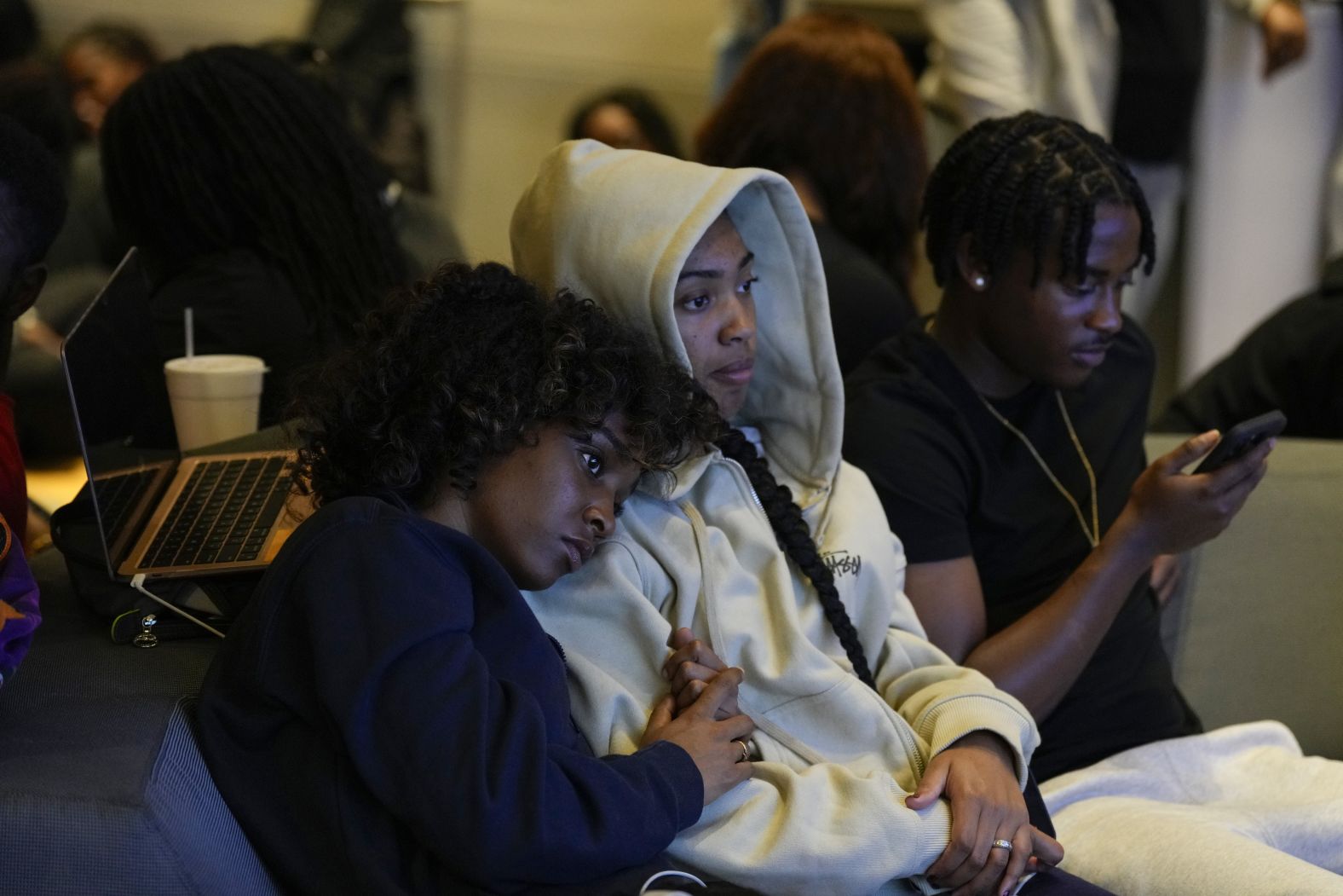 North Carolina A&T students Leah Charles, left, and Tianna Adams attend an election night watch party in Greensboro, North Carolina.