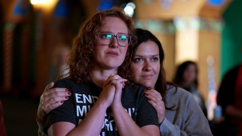 People react after an abortion rights amendment to the Missouri constitution passed on November 5, 2024, at a watch party in Kansas City, Missouri.