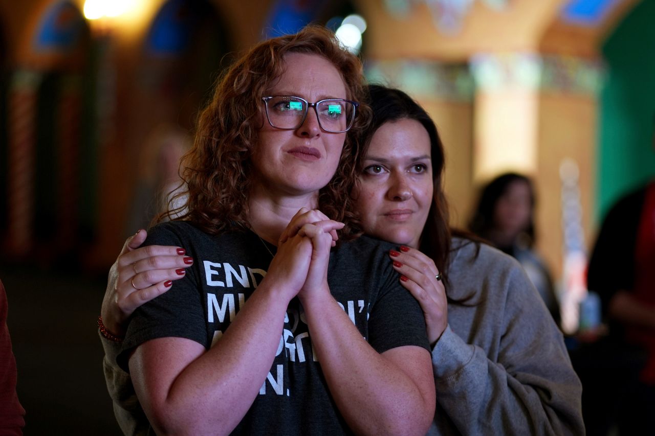 People react after an abortion rights amendment to the Missouri constitution passed, on November 5, 2024, at a watch party in Kansas City, Missouri.