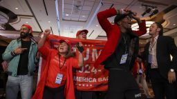 Supporters of Republican presidential nominee former President Donald Trump cheer as Pennsylvania votes are counted, during an election night watch party Tuesday, Nov. 5, 2024, in Las Vegas, Nev. (AP Photo/Ian Maule)