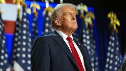 Republican presidential nominee former President Donald Trump arrives at an election night watch party at the Palm Beach Convention Center in West Palm Beach, Florida, on November 6, 2024.