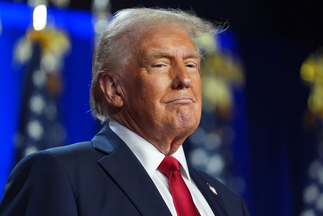 Donald Trump arrives at an election night watch party at the Palm Beach Convention Center, West Palm Beach, Florida, on November 6, 2024.