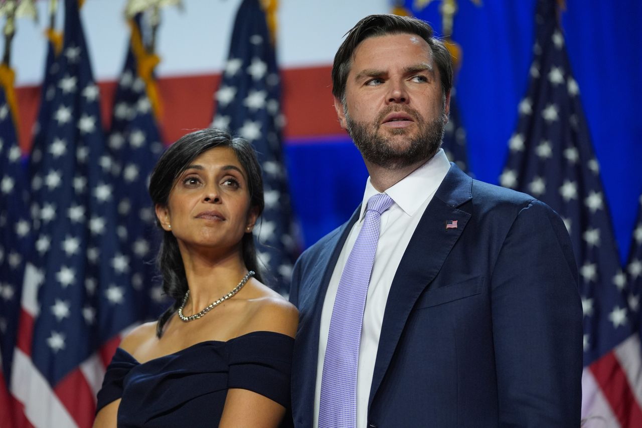 Usha Vance joins her husband, Vice President-elect Sen. JD Vance, during an election night watch party with President-elect Donald Trump at the Palm Beach Convention Center in West Palm Beach, Florida, on November 6, 2024.