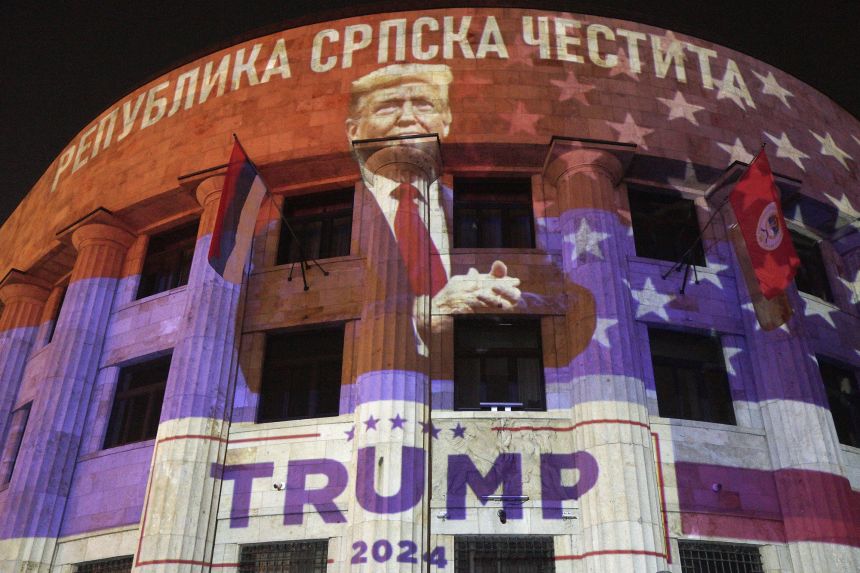 The colors of the US flag lit up the Palace of the Republic in Banja Luka, Republika Srpska, on November 6, 2024, to mark US President Donald Trump's reelection.