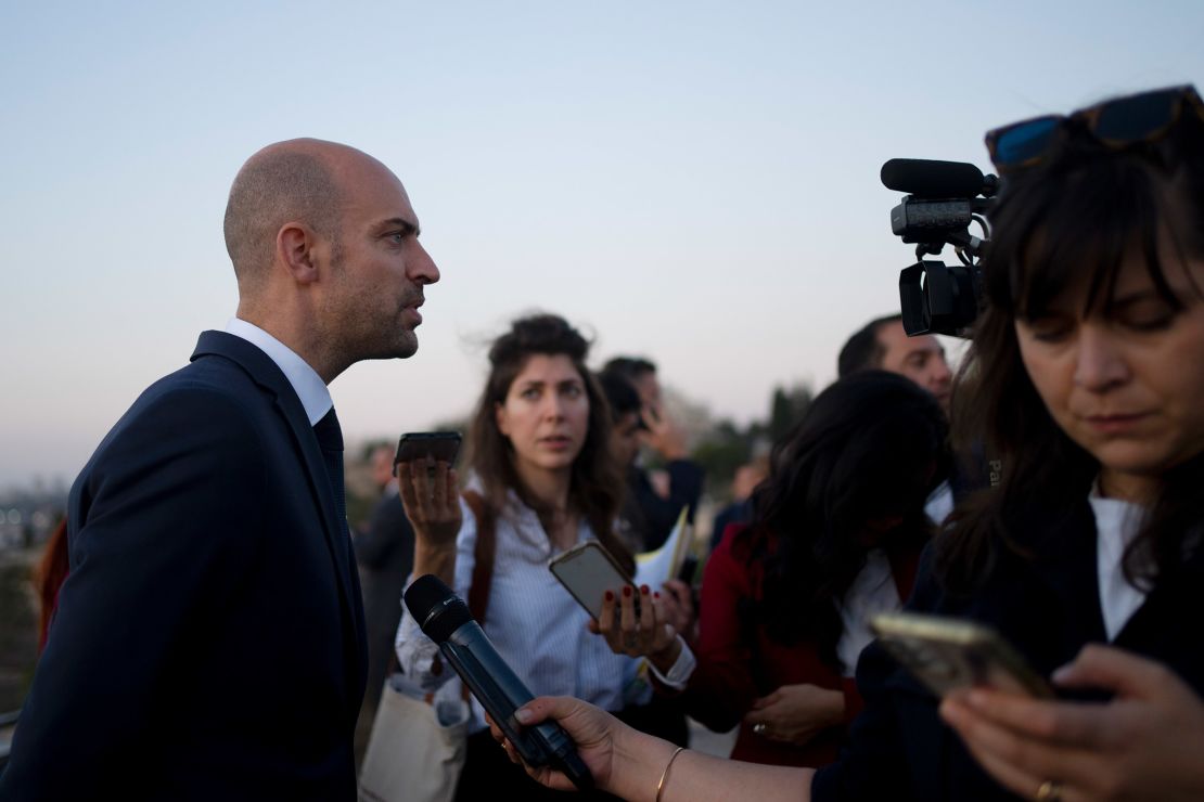 French Foreign Minister Jean-Noël Barrot, left, speaks to journalists from the Mount of Olives during his visit to Jerusalem on November 7, 2024.