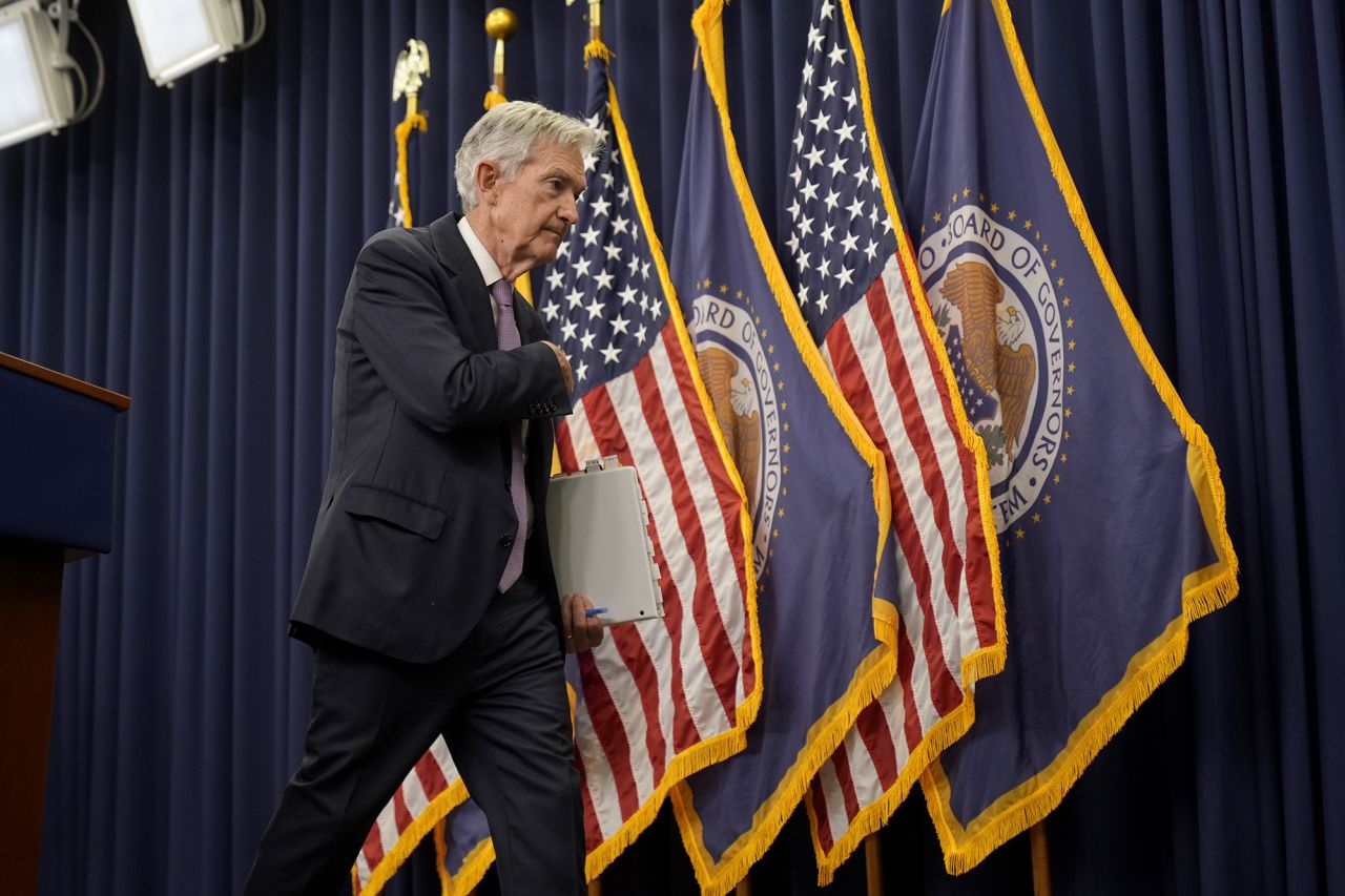 Federal Reserve Board Chairman Jerome Powell departs after speaking during a news conference at the Federal Reserve in Washington, on Thursday, November 7.