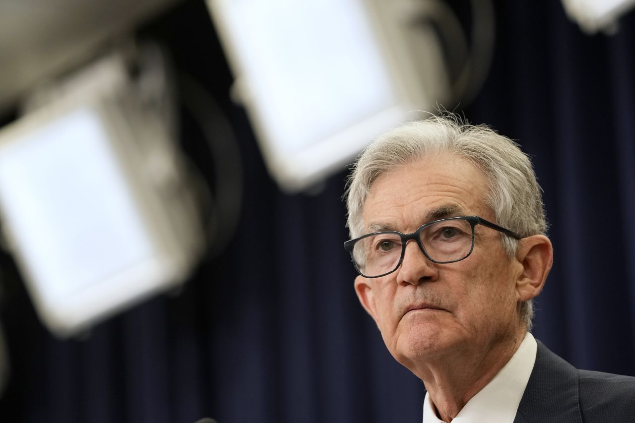 Federal Reserve Board Chairman Jerome Powell speaks during a news conference at the Federal Reserve in Washington today.