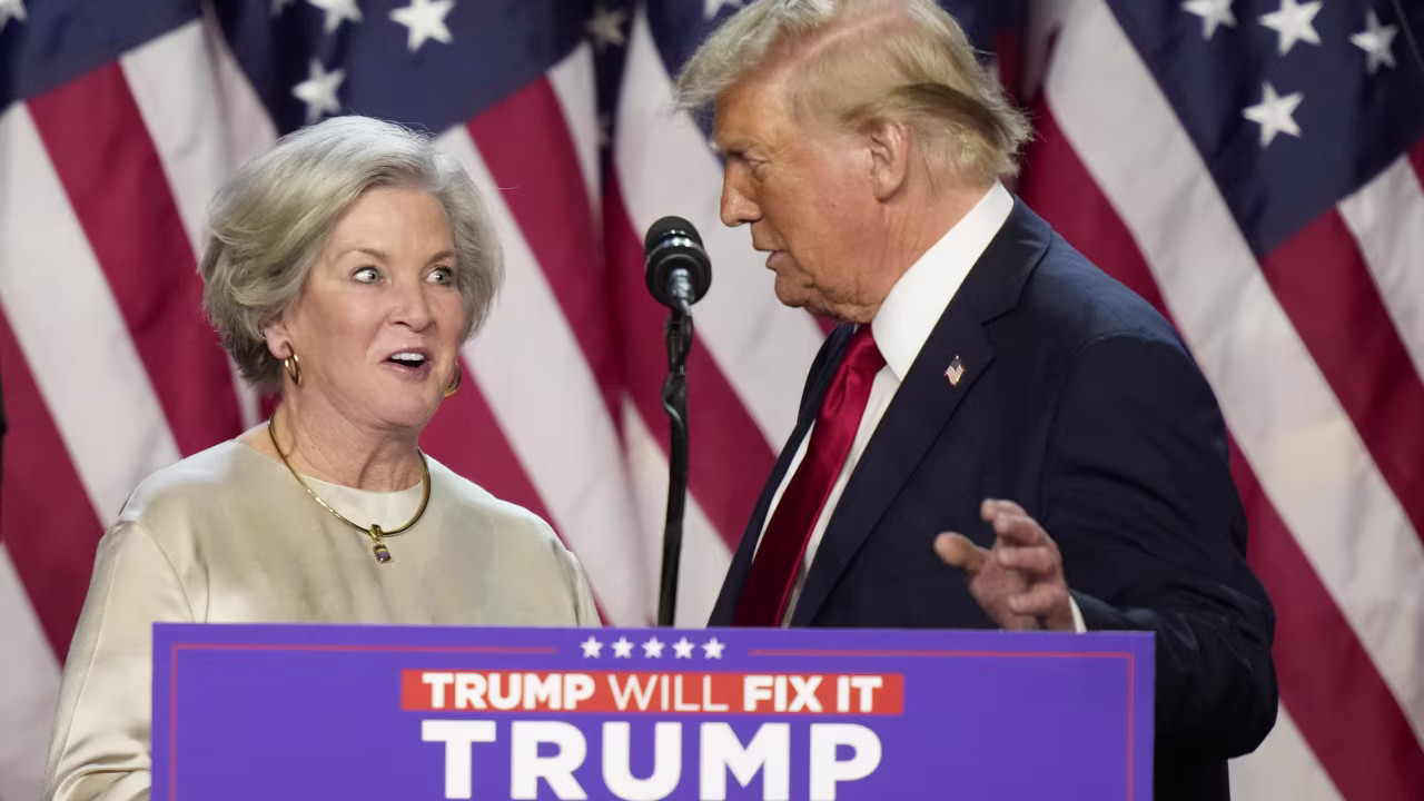 Trump brings Susie Wiles to the podium at an election night watch party Wednesday, November 6, in West Palm Beach, Florida.