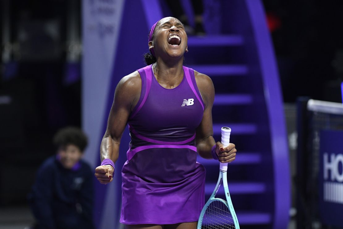 Coco Gauff reacts after winning against China's Qinwen Zheng in the women's singles final match at the WTA finals.