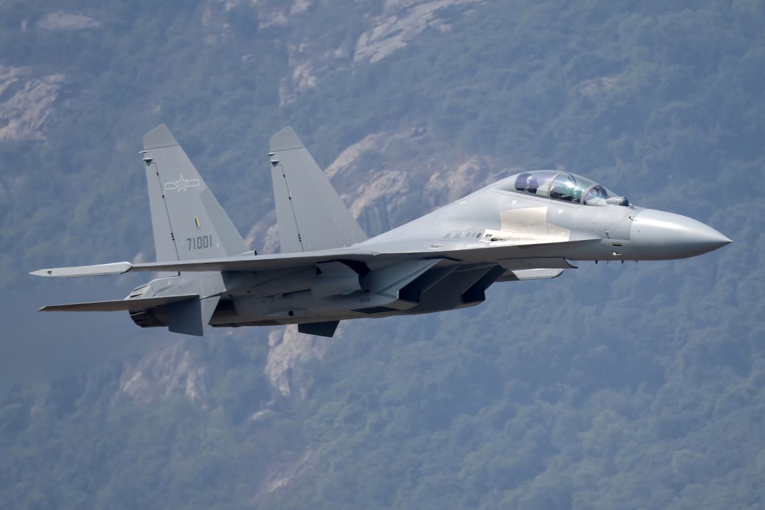  A J-16 fighter jet flies in the sky during the 15th China International Aviation and Aerospace Exhibition, or Airshow China 2024, on November 12, 2024 in Zhuhai,  China.