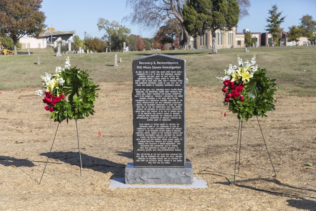 In a photo provided by the City of Tulsa, a monument honoring individuals found or exhumed during an investigation into the 1921 Tulsa Race Massacre stands in Tulsa, Oklahoma, Tuesday, Nov. 12, 2024. (City of Tulsa via AP)