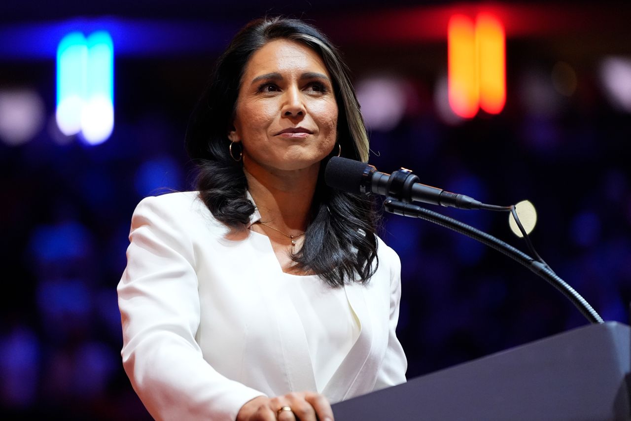 Tulsi Gabbard speaks before Republican presidential nominee former President Donald Trump at a campaign rally at Madison Square Garden in New York, on October 27.