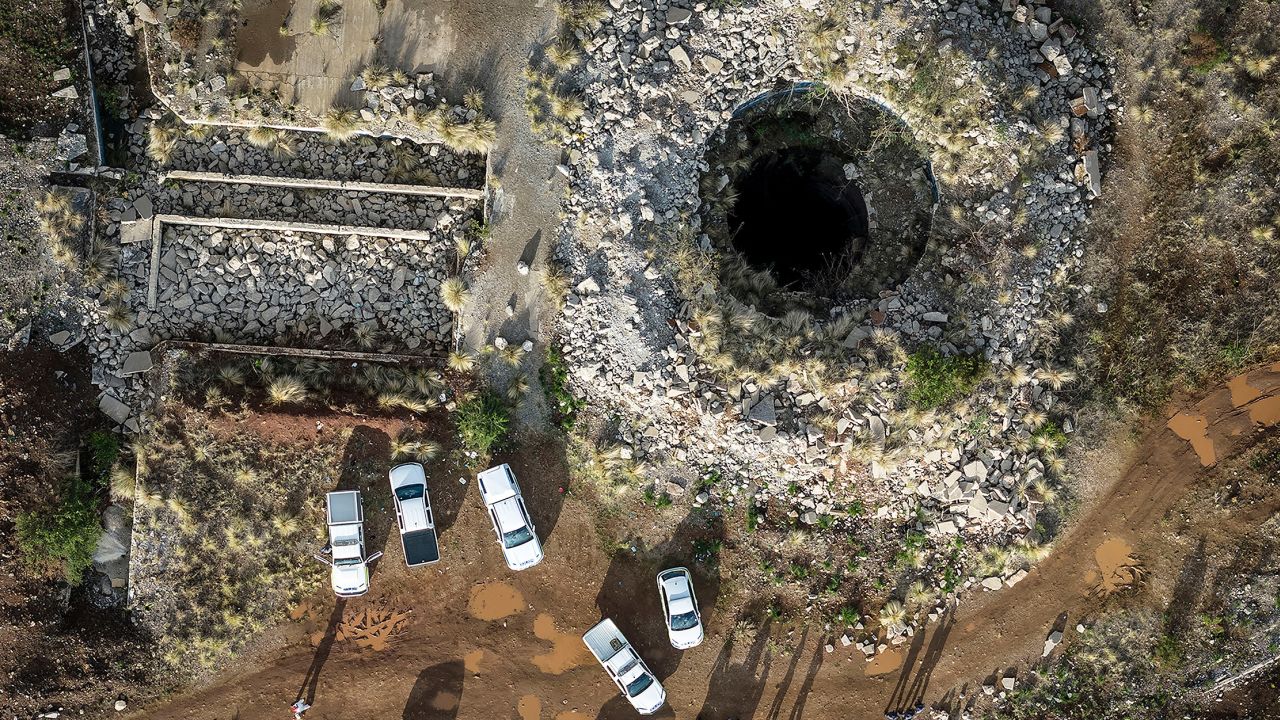 An aerial view of a mine shaft where an estimated 4000 illegal miners are trapped in a disused mine in Stilfontein, South Africa, on November 13, 2024.