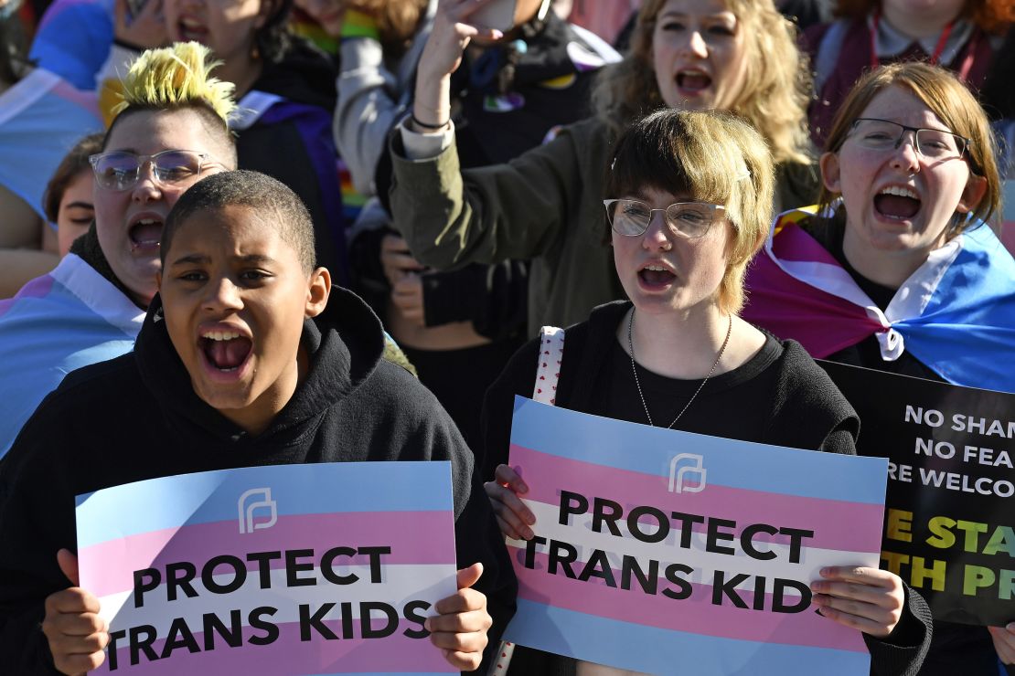 Protesters gathered outside the Kentucky State Capitol building last year to oppose the state's ban on gender-affirming care for minors.