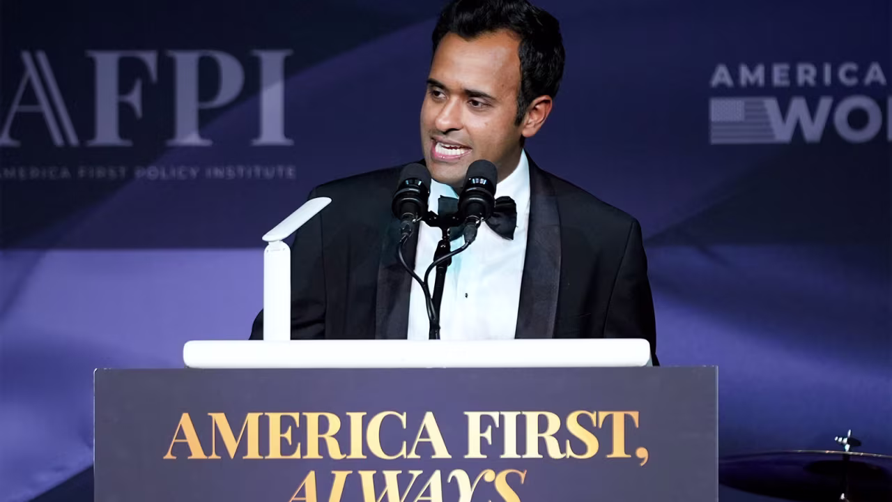 Vivek Ramaswamy speaks during an America First Policy Institute gala at Mar-a-Lago on Thursday, November 14, in Palm Beach, Florida.