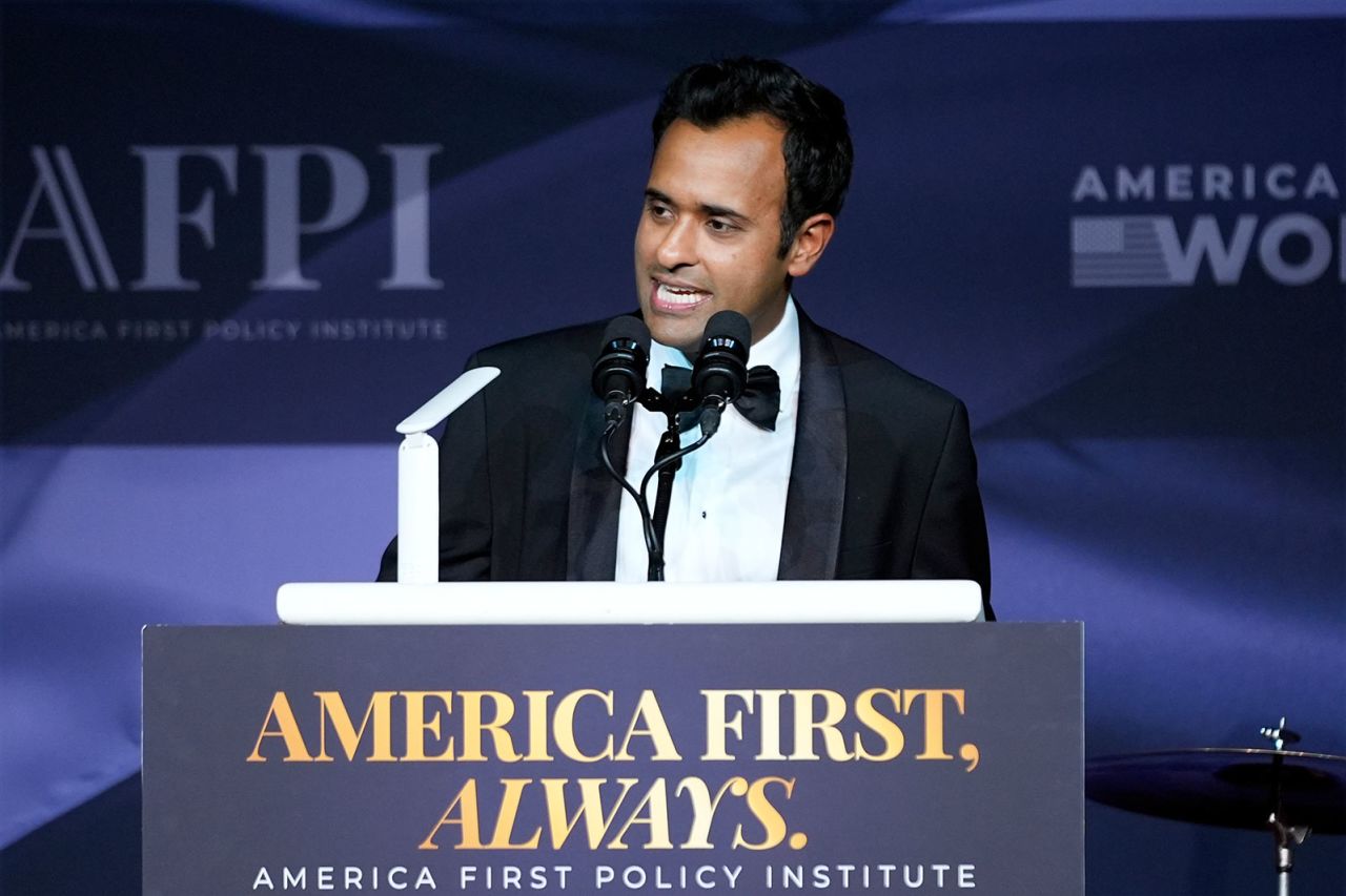 Vivek Ramaswamy speaks during an America First Policy Institute gala at Mar-a-Lago on Thursday, November 14, in Palm Beach, Florida.