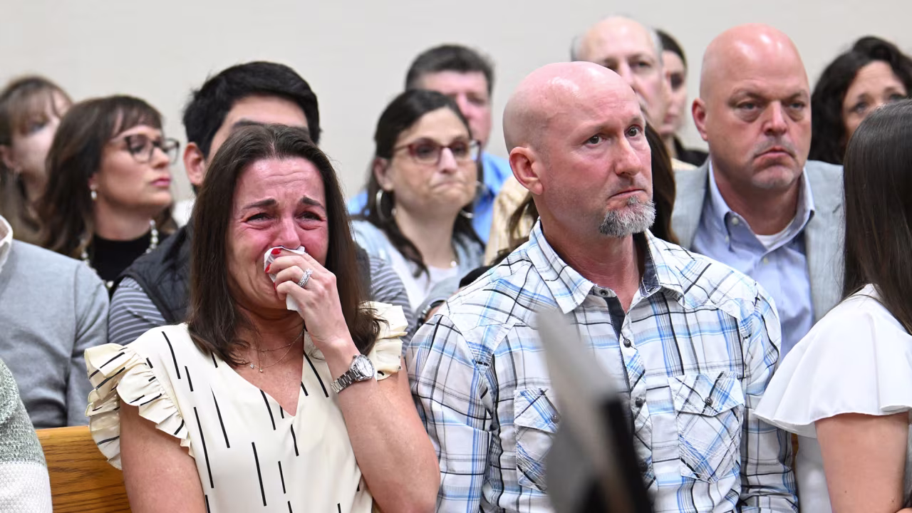 Laken Riley's mother, Allyson Phillips (center), reacts during the trial of Jose Ibarra on Friday, November 15, in Athens, Georgia.