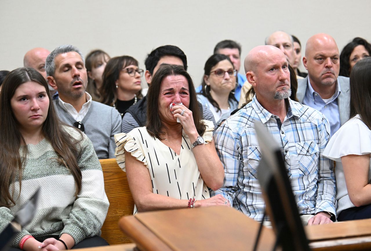 Laken Riley's mother, Allyson Phillips (center), reacts during the trial of Jose Ibarra on Friday, November 15, in Athens, Georgia.