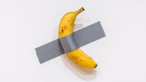 FILE - Artist Maurizio Cattelan's piece of art "Comedian" hangs on display during an auction preview at Sotheby's in New York, Monday, Nov. 11, 2024. (AP Photo/Eduardo Munoz Alvarez, File)