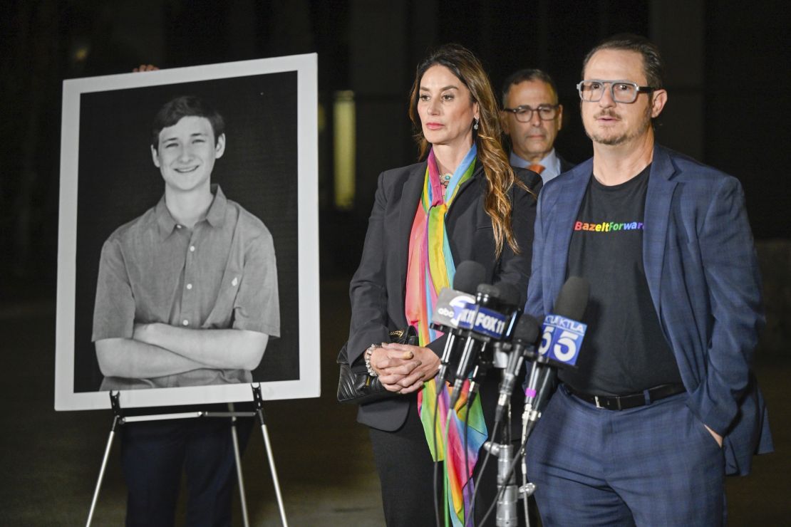 Gideon Bernstein and Jeanne Pepper Bernstein, parents of Blaise Bernstein, speak during a press conference after Samuel Woodward was sentenced to life in prison without parole in Orange County Superior Court on Friday, Nov. 15, 2024. in Santa Ana, California, for a fatality. injured former classmate Blaise Bernstein in January 2018.