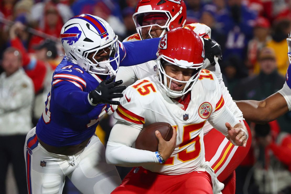 Mahomes is pressured by Bills linebacker Von Miller in the first half.